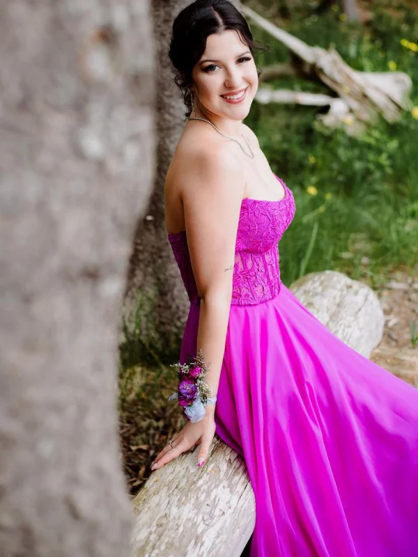 Exclusive Access form-fitting dressform-fitting dressStrapless Open Back Magenta Lace Long Prom Dresses, A Line Magenta Lace Formal Graduation Evening Dresses SP3101