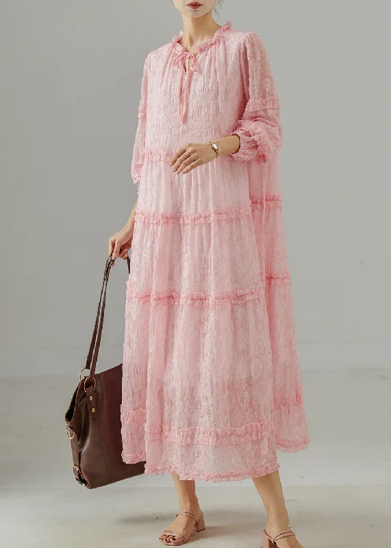 party-ready dressFitted Pink Ruffled Jacquard Chiffon Party Dress Spring