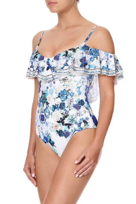 Extra Savings FRILL OVER SHOULDER ONE PIECE WHITE SIDE OF THE MOON