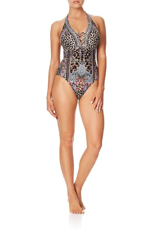 Daily Deals PINTUCK LACE UP HALTER ONE PIECE MARAIS AT MIDNIGHT